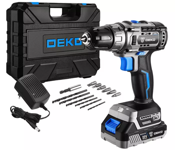 Дрель-шуруповерт аккумуляторная бесщеточная DEKO Sharker 20V в кейсе, 2*2.0Ач